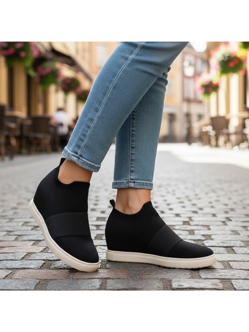 Material Girl Quila Sock Wedge Sneakers Black Solid Knit Slip-On Platform SZ 10